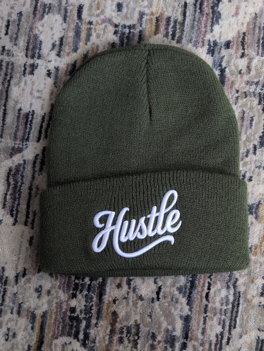 Hustle Embroidered Olive Knit Beanie - Men